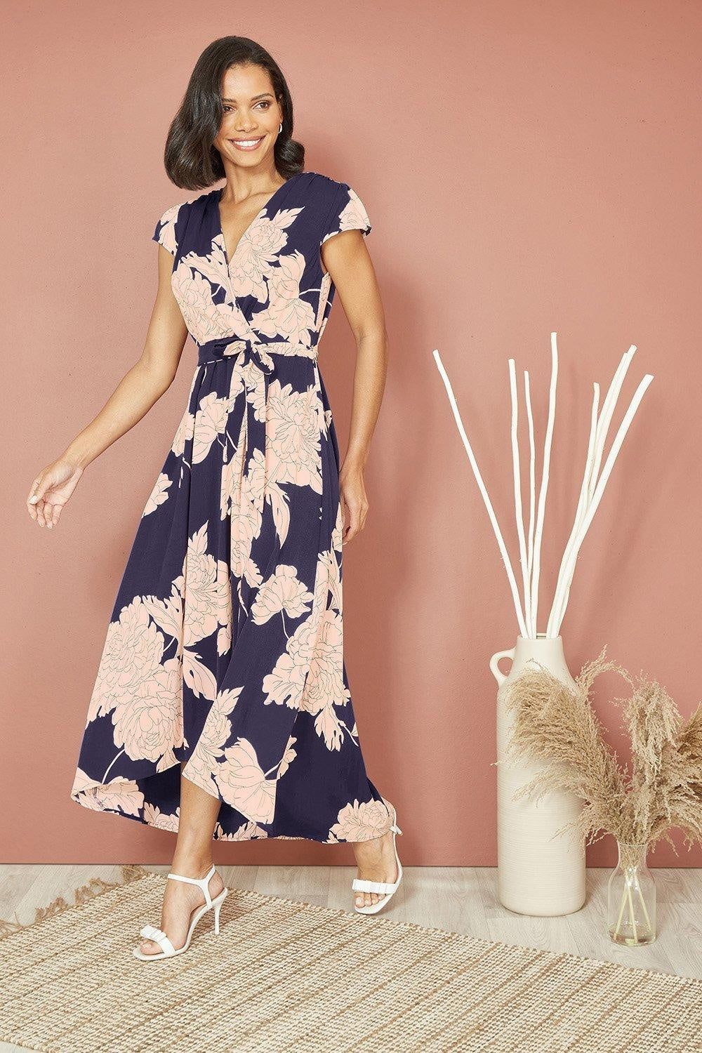 Mela Navy Blossom Print Wrap Midi with Dipped Hem