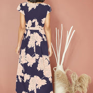 Mela Navy Blossom Print Wrap Midi with Dipped Hem