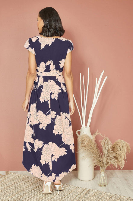 Mela Navy Blossom Print Wrap Midi with Dipped Hem