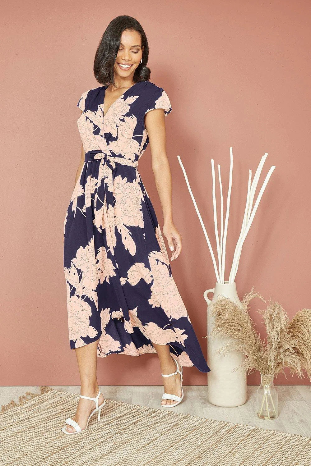 Mela Navy Blossom Print Wrap Midi with Dipped Hem