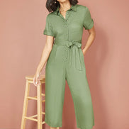 Yumi Green Twill Viscose Utility Jumpsuit