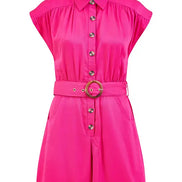 Yumi Pink Cotton Twill Button Up Playsuit with Matching Belt