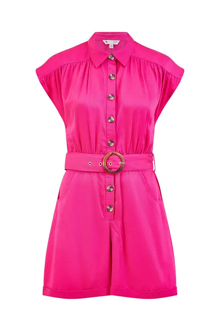 Yumi Pink Cotton Twill Button Up Playsuit with Matching Belt