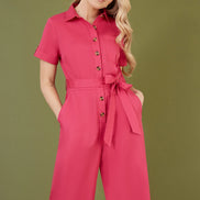 Yumi Pink Viscose Twill Button Up Utility Style Jumpsuit