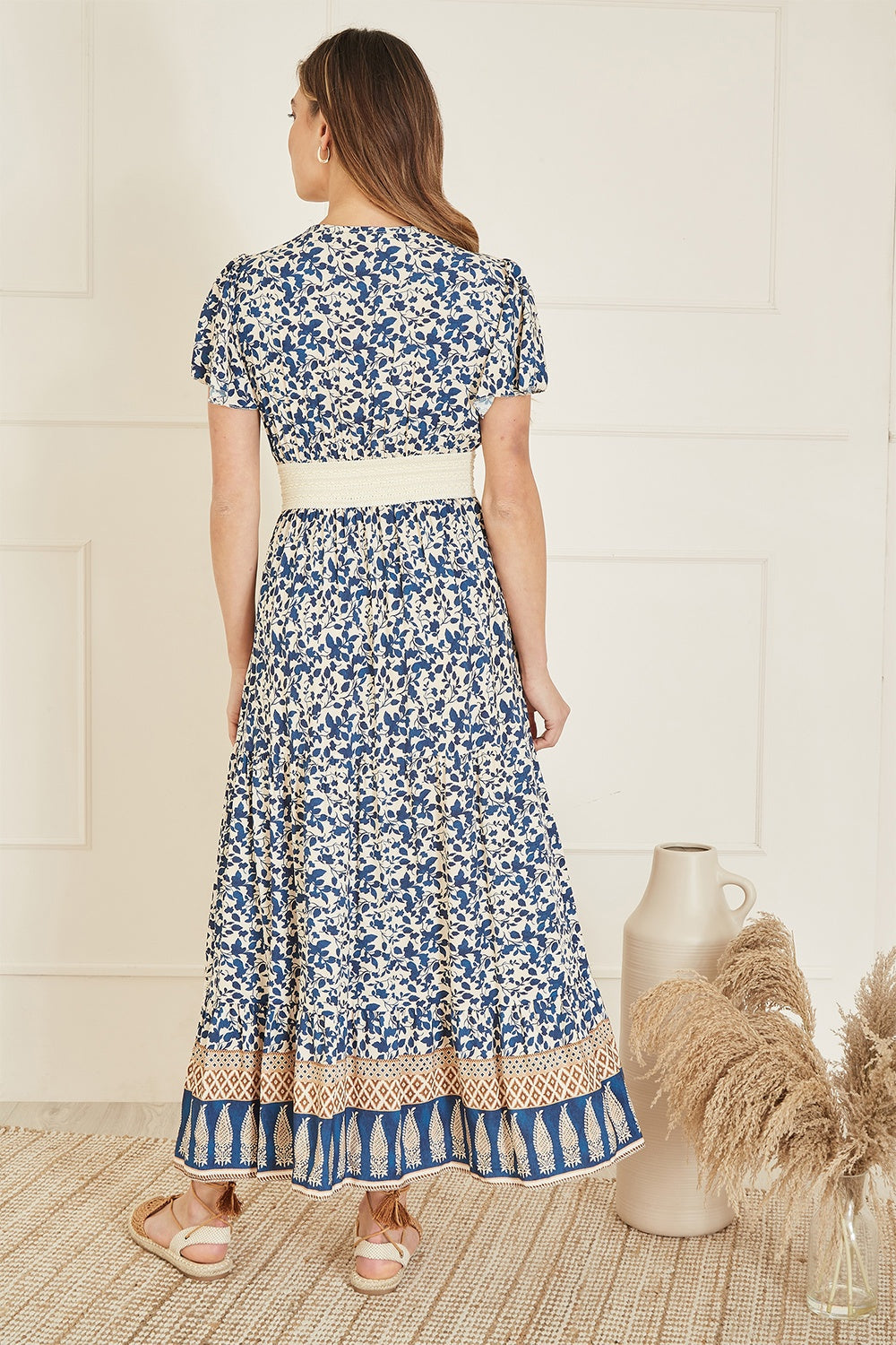 Yumi Navy Viscose Leaf Print Maxi Dress with Lace Trim