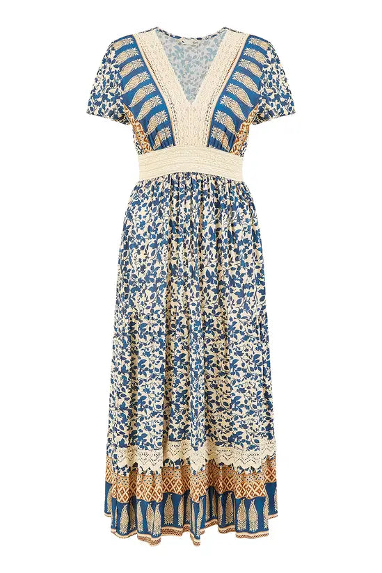 Yumi Navy Viscose Leaf Print Maxi Dress with Lace Trim