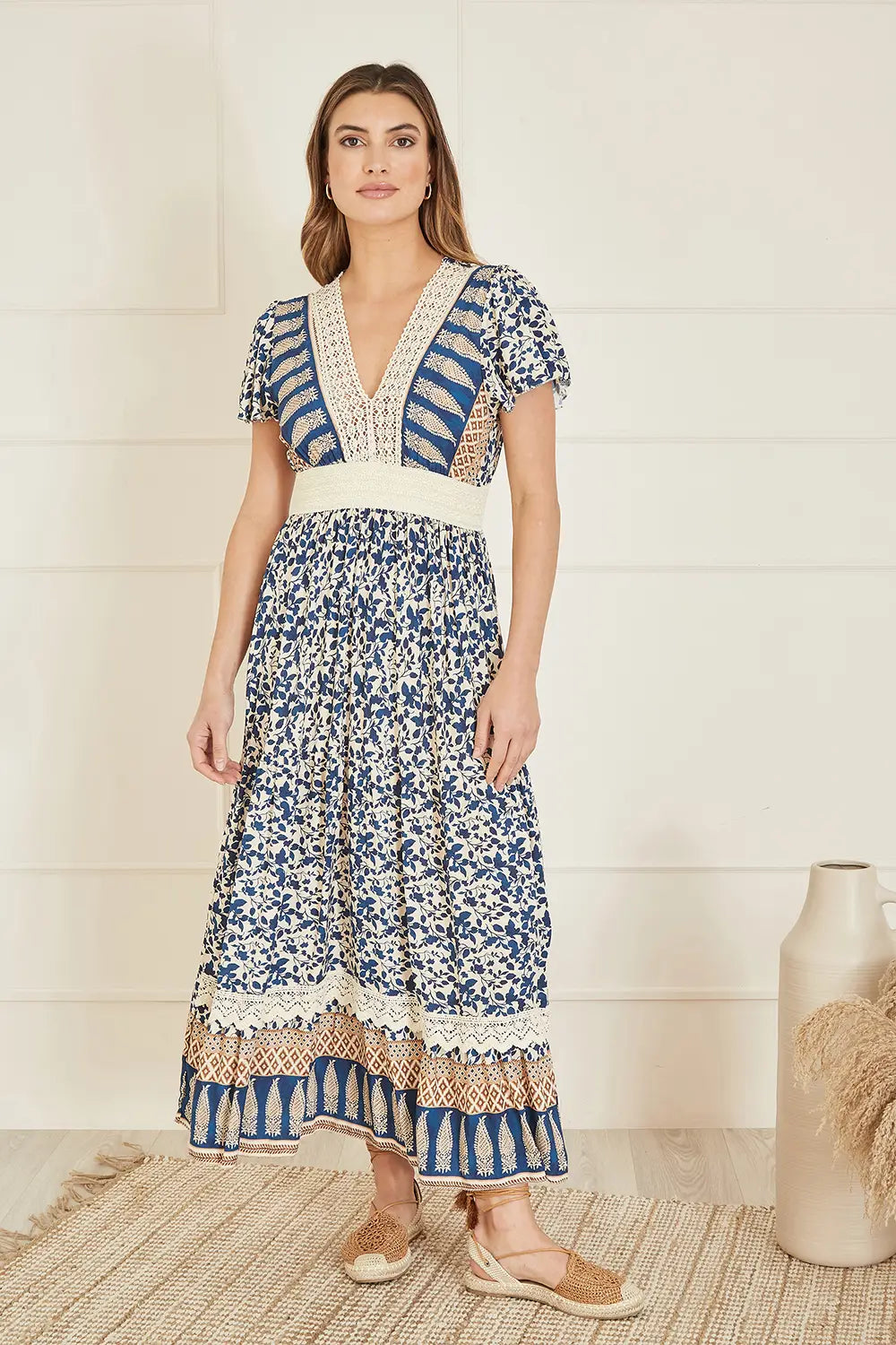 Yumi Navy Viscose Leaf Print Maxi Dress with Lace Trim