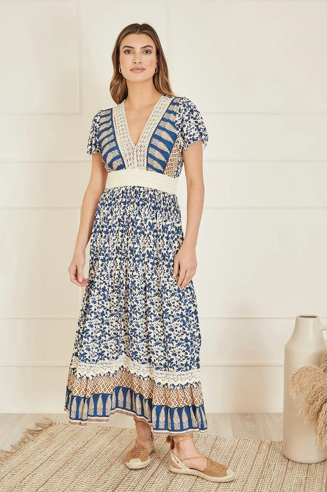 Yumi Navy Viscose Leaf Print Maxi Dress with Lace Trim