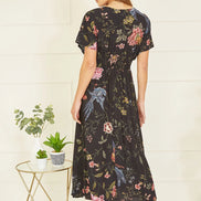 Yumi Black Viscose Bird and Floral Print Kimono Midi Dress