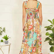 Yumi Multicolour Patchwork Split Hem Maxi Dress with Tie Straps