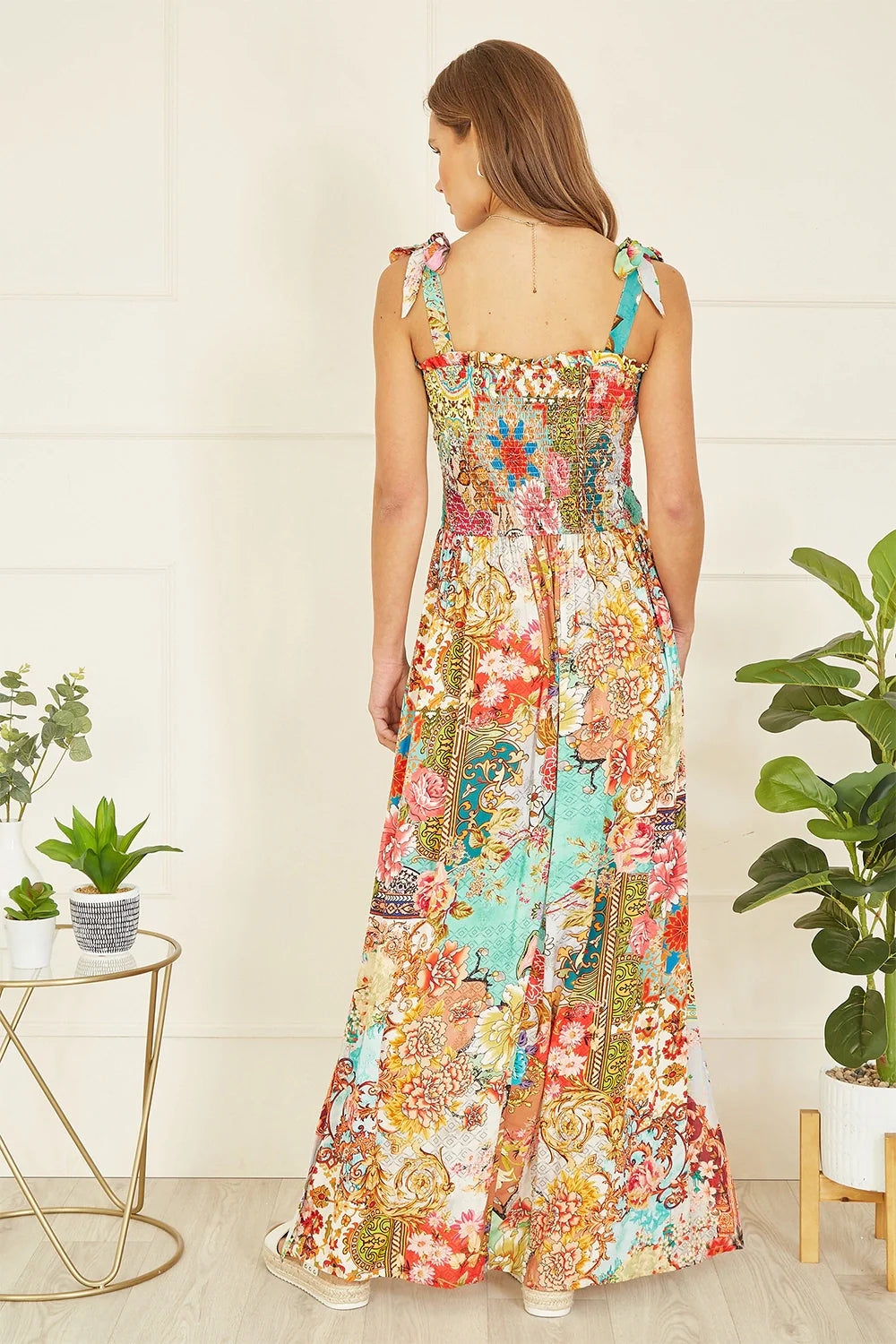Yumi Multicolour Patchwork Split Hem Maxi Dress with Tie Straps