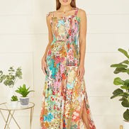 Yumi Multicolour Patchwork Split Hem Maxi Dress with Tie Straps