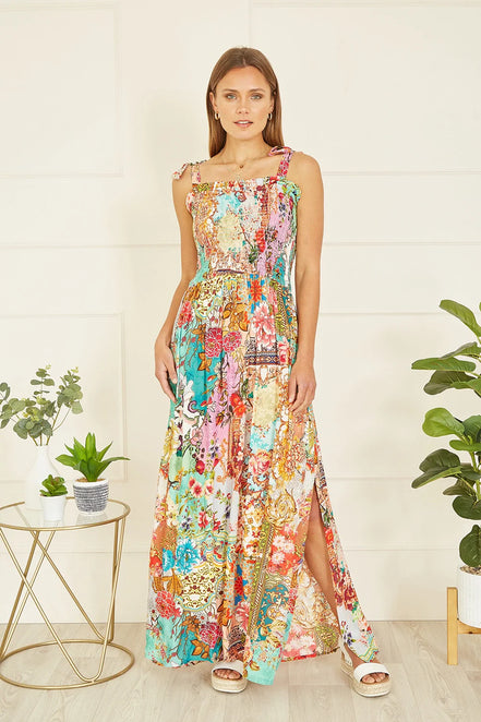 Yumi Multicolour Patchwork Split Hem Maxi Dress with Tie Straps