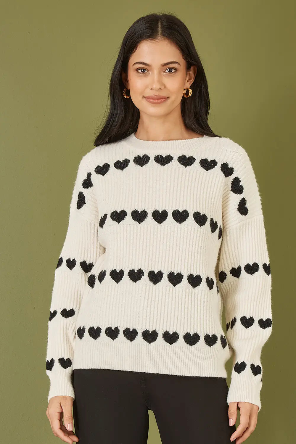 Yumi Ivory Knitted Jumper with Heart Stripes