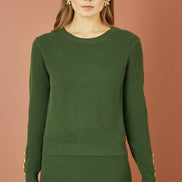 Yumi Green Rib Knitted Jumper with Sleeve Button Detail