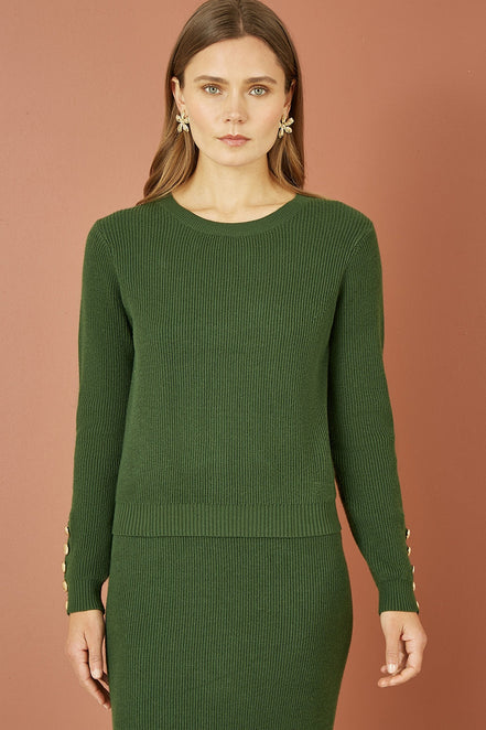 Yumi Green Rib Knitted Jumper with Sleeve Button Detail