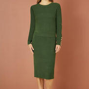 Yumi Green Rib Knitted Jumper with Sleeve Button Detail