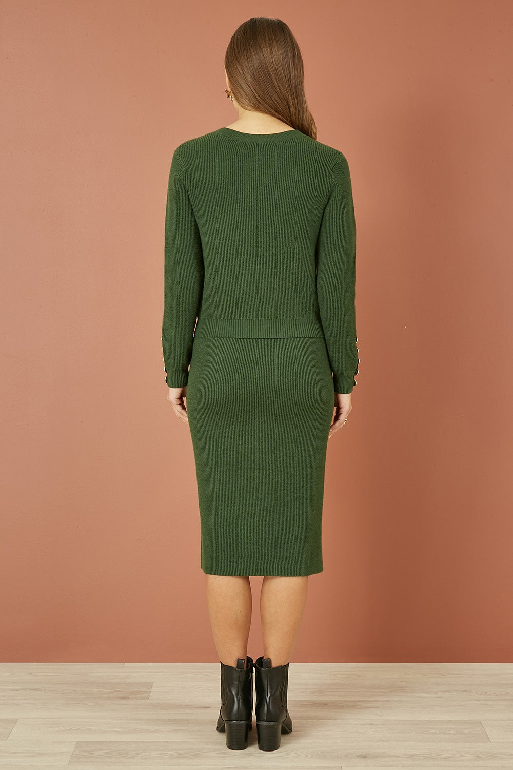 Yumi Green Rib Knitted Jumper with Sleeve Button Detail