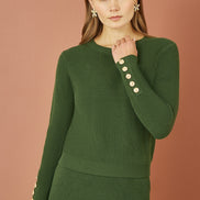 Yumi Green Rib Knitted Jumper with Sleeve Button Detail