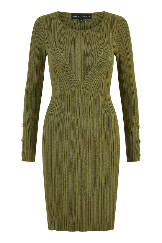 Yumi Green Shimmer Fitted Midi Dress with Button