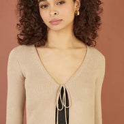 Yumi Gold Metallic Knitted Ribbed Tie Front Bolero