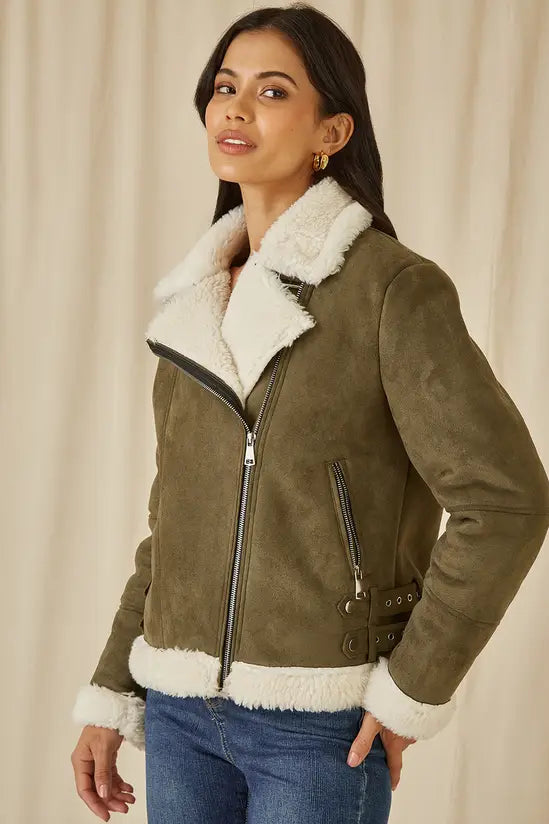 Yumi Green Faux Suede and Shearling Biker Jacket