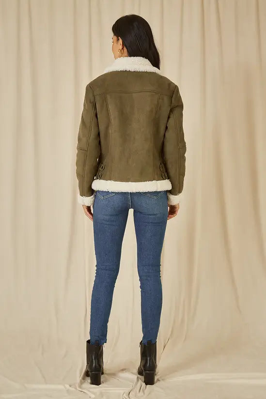 Yumi Green Faux Suede and Shearling Biker Jacket