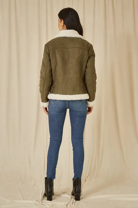 Yumi Green Faux Suede and Shearling Biker Jacket