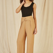 Yumi Brown Wide Leg Trousers with Front Buckle Detail