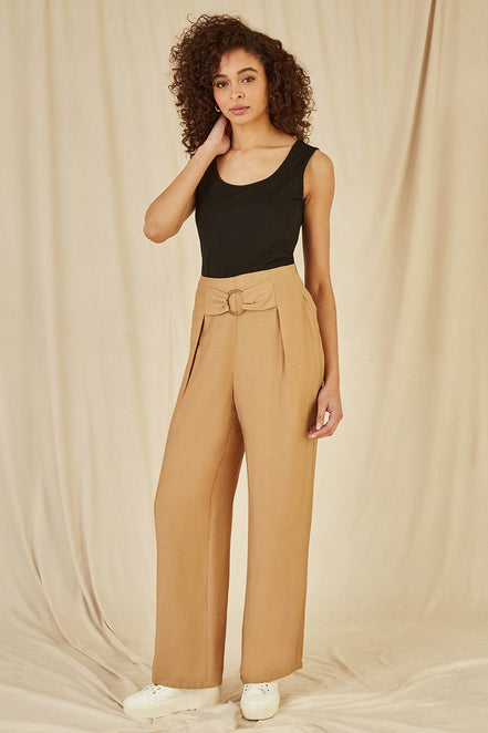 Yumi Brown Wide Leg Trousers with Front Buckle Detail