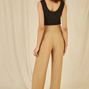 Yumi Brown Wide Leg Trousers with Front Buckle Detail