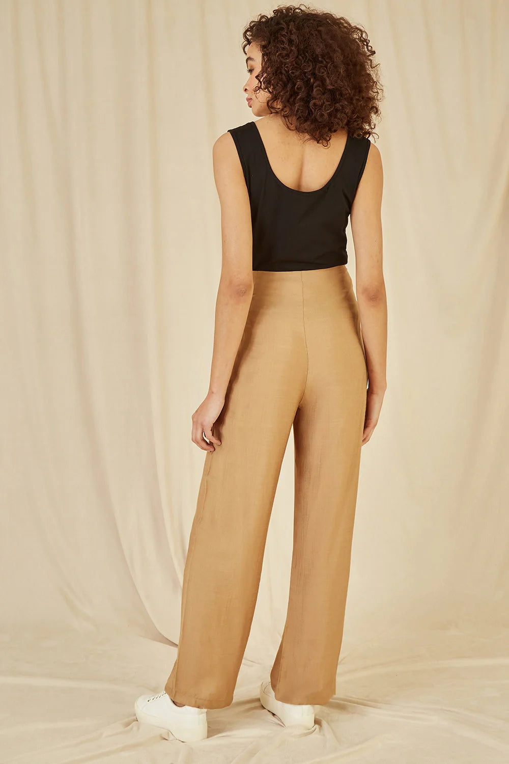 Yumi Brown Wide Leg Trousers with Front Buckle Detail