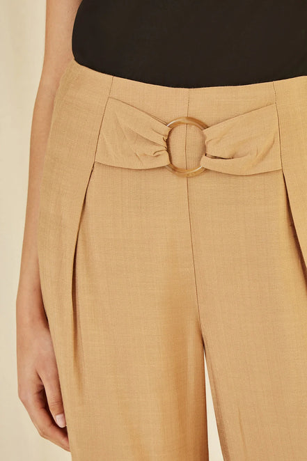 Yumi Brown Wide Leg Trousers with Front Buckle Detail
