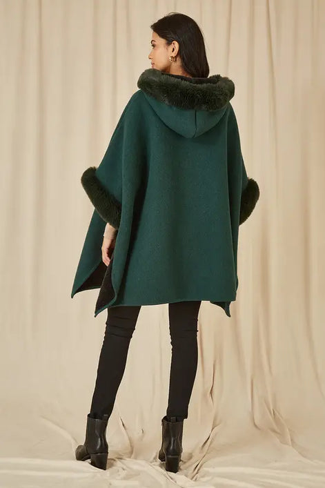 Yumi Green Cape with Luxe Fur Trim and Lining