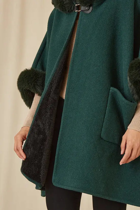 Yumi Green Cape with Luxe Fur Trim and Lining
