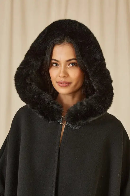 Yumi Black Cape with Luxe Fur Trim and Lining