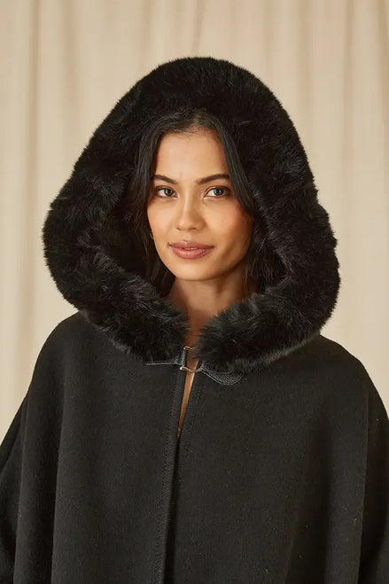Yumi Black Cape with Luxe Fur Trim and Lining