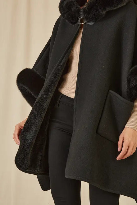 Yumi Black Cape with Luxe Fur Trim and Lining