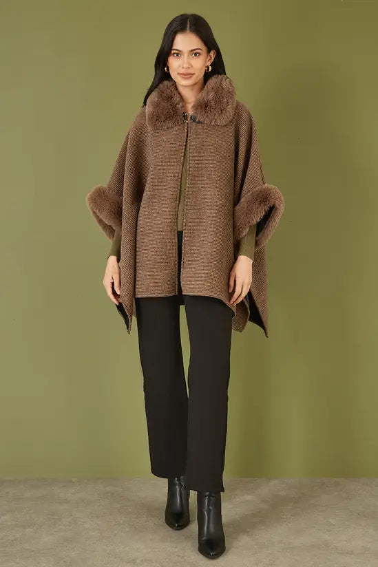 Yumi Brown Cape with Luxe Fur Trim and Lining