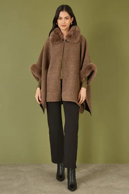 Yumi Brown Cape with Luxe Fur Trim and Lining