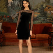 Yumi Black Velvet Dress with Sheer Long Sleeves