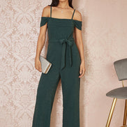 Yumi Green Sparkle Stretch Bardot Jumpsuit