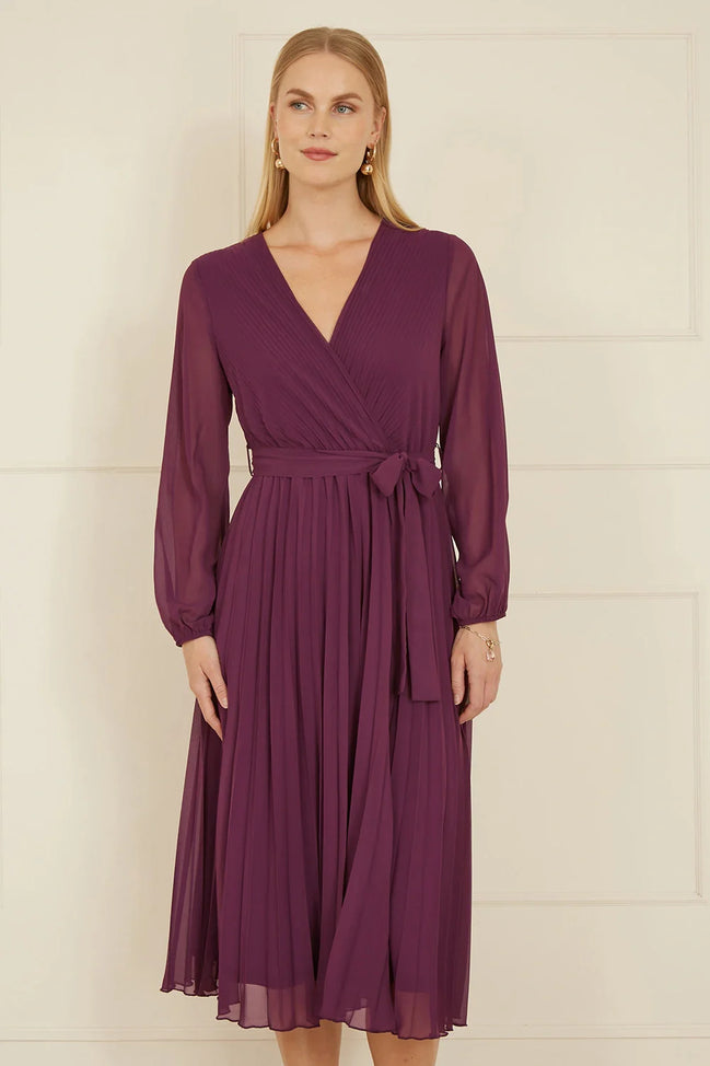 Yumi Plum Pleated Wrap Midi Dress with Sheer Long Sleeves
