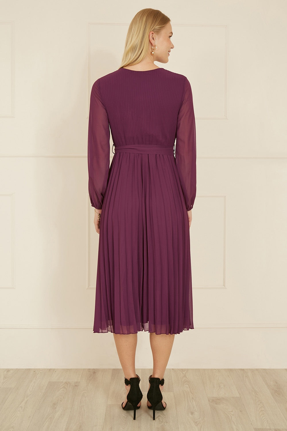 Yumi Plum Pleated Wrap Midi Dress with Sheer Long Sleeves