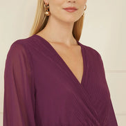Yumi Plum Pleated Wrap Midi Dress with Sheer Long Sleeves