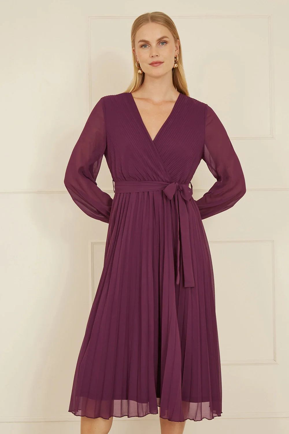 Yumi Plum Pleated Wrap Midi Dress with Sheer Long Sleeves