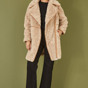 Yumi Brown Textured Borg Long Line Biker Coat