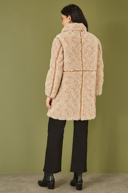 Yumi Brown Textured Borg Long Line Biker Coat
