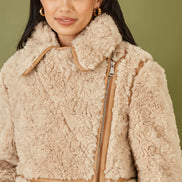 Yumi Brown Textured Borg Long Line Biker Coat