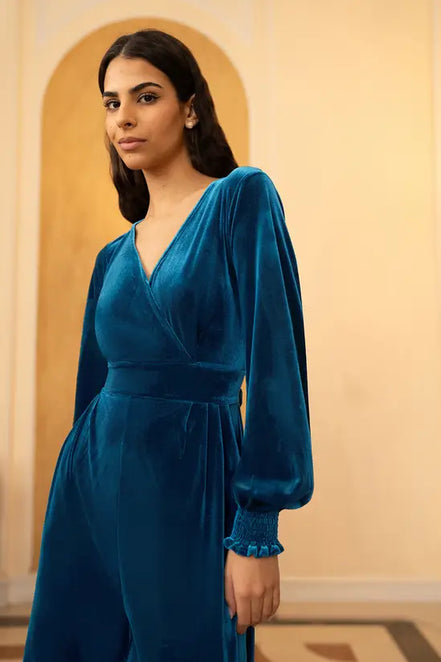 Yumi Teal Velvet Long Sleeve Jumpsuit